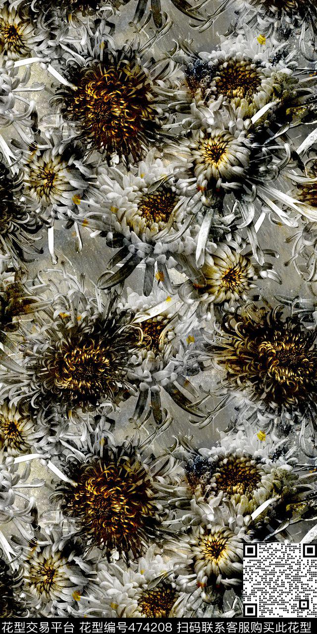 复古菊花水墨数码印花华亿平台下载（图片编号: 474208） - 瓦栏（Walan）