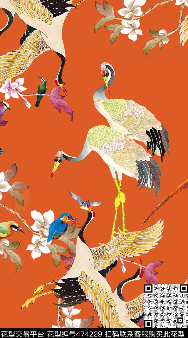 丹顶鹤花鸟中国风数码印花华亿平台下载（图片编号: 474229） - 瓦栏（Walan）