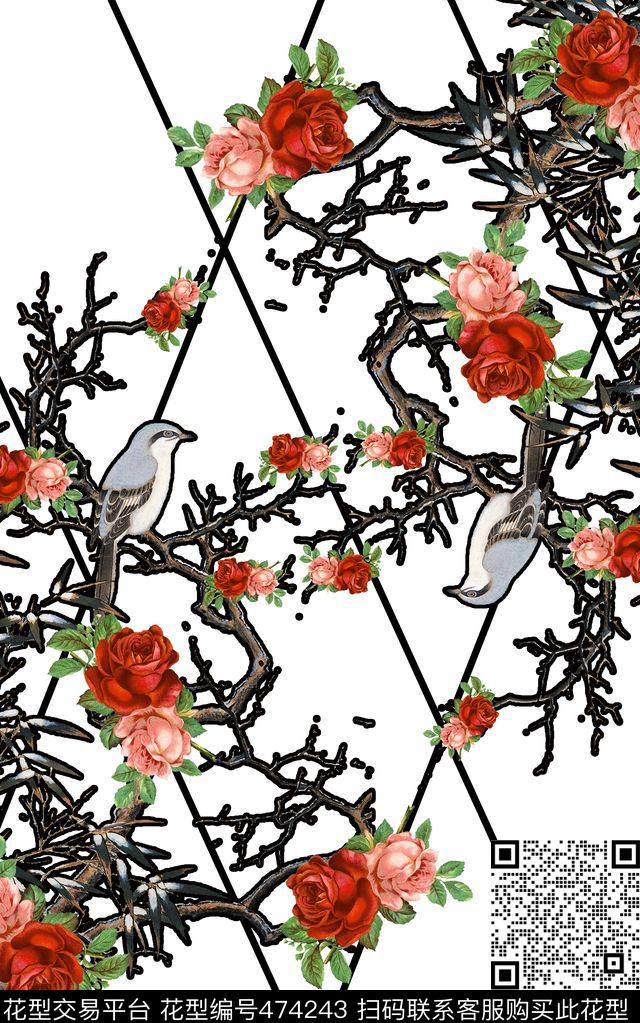中国风工笔画玫瑰数码印花华亿平台下载（图片编号: 474243） - 瓦栏（Walan）