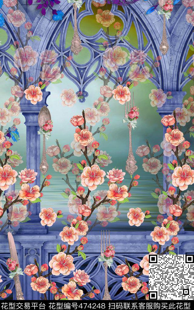 时尚欧式建筑花卉数码印花华亿平台下载（图片编号: 474248） - 瓦栏（Walan）