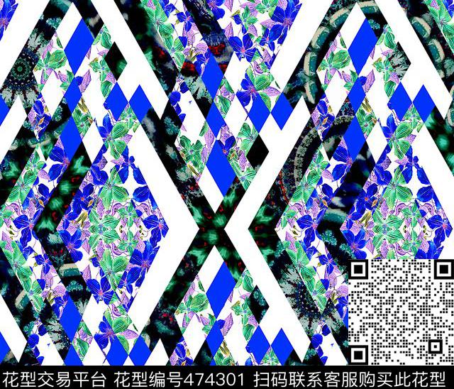 花卉菱形几何流行时尚手绘数码印花华亿平台下载（图片编号: 474301） - 瓦栏（Walan）