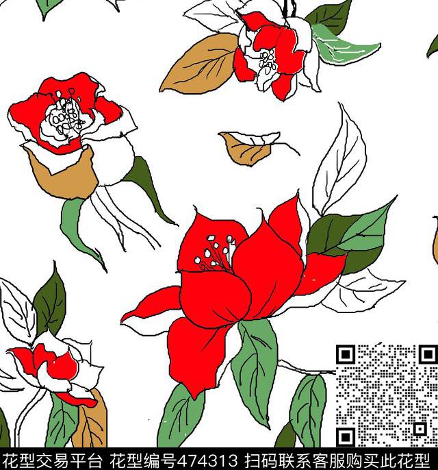 时尚流行大牌大红花树叶数码印花华亿平台下载（图片编号: 474313） - 瓦栏（Walan）