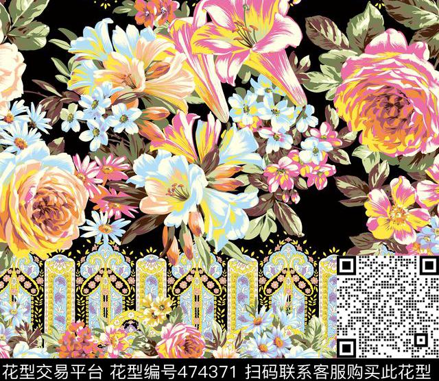 潮流大牌花卉传统花纹数码印花华亿平台下载（图片编号: 474371） - 瓦栏（Walan）