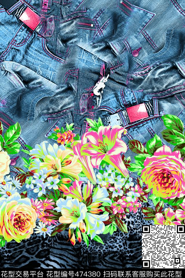 潮流大牌牛仔底纹花卉数码印花华亿平台下载（图片编号: 474380） - 瓦栏（Walan）