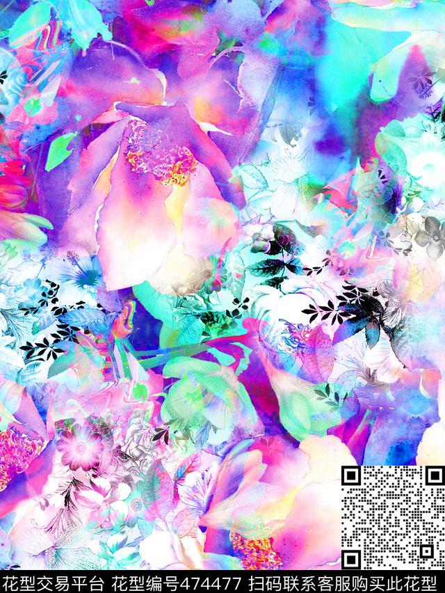 流行时尚手绘幻彩花卉欧美数码印花华亿平台下载（图片编号: 474477） - 瓦栏（Walan）