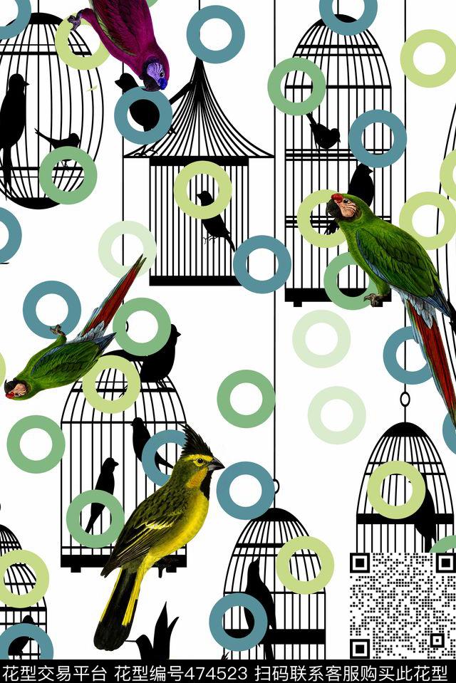 几何鸟类鸟笼数码印花华亿平台下载（图片编号: 474523） - 瓦栏（Walan）