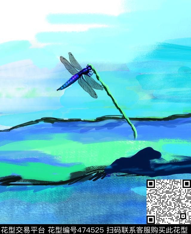 写意蜻蜓渲染数码印花华亿平台下载（图片编号: 474525） - 瓦栏（Walan）