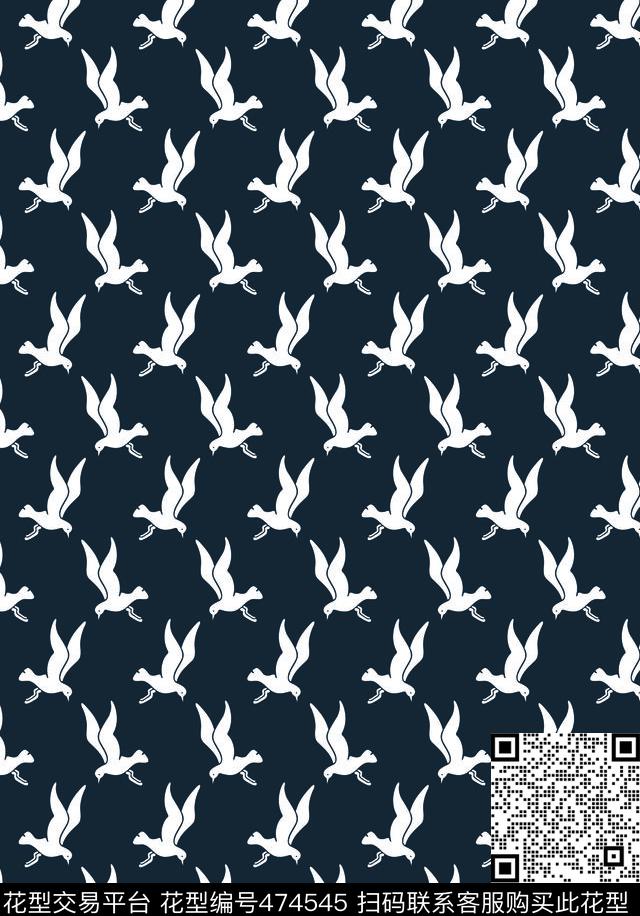 深蓝底白鸟飞鸟动物传统印花华亿平台下载（图片编号: 474545） - 瓦栏（Walan）