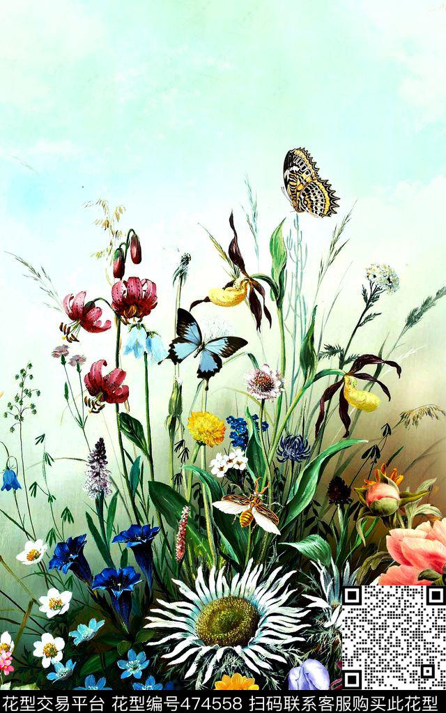 蝴蝶花卉蜻蜓数码印花华亿平台下载（图片编号: 474558） - 瓦栏（Walan）