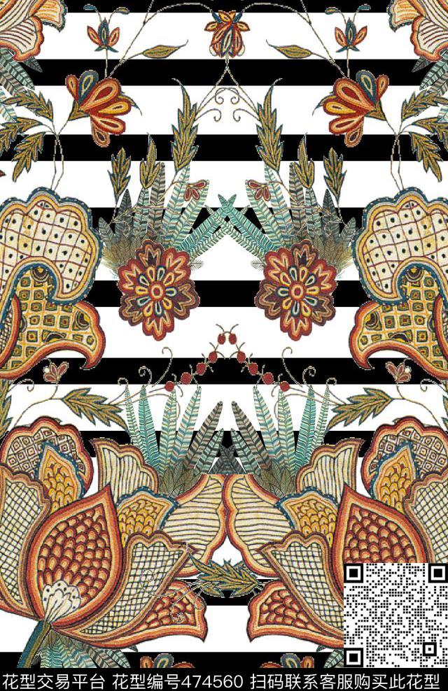 潮流时尚定位条纹复古花卉传统印花华亿平台下载（图片编号: 474560） - 瓦栏（Walan）