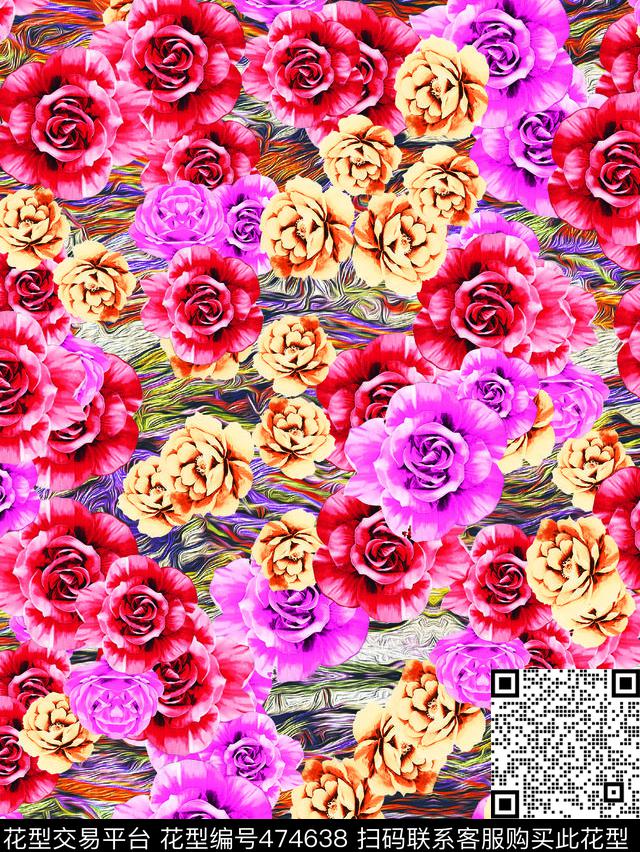 花卉波浪花朵数码印花华亿平台下载（图片编号: 474638） - 瓦栏（Walan）