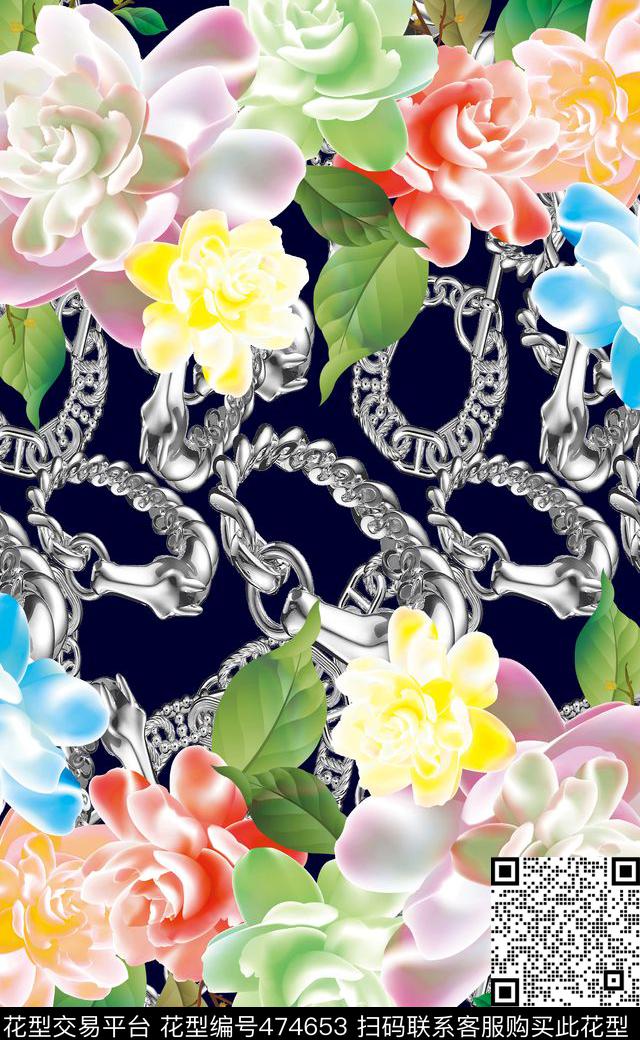 花卉链子铁链数码印花华亿平台下载（图片编号: 474653） - 瓦栏（Walan）
