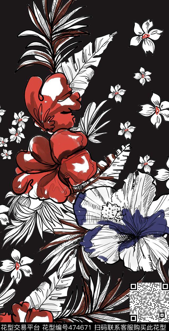 潮流时尚纯电脑手绘花卉数码印花华亿平台下载（图片编号: 474671） - 瓦栏（Walan）