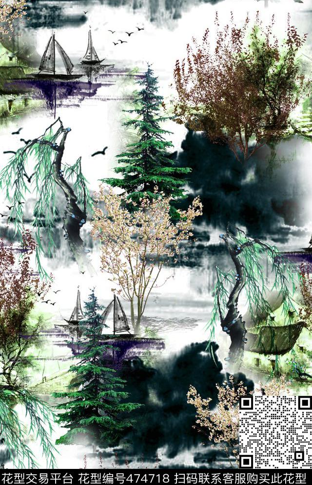 中国风山水柳枝数码印花华亿平台下载（图片编号: 474718） - 瓦栏（Walan）