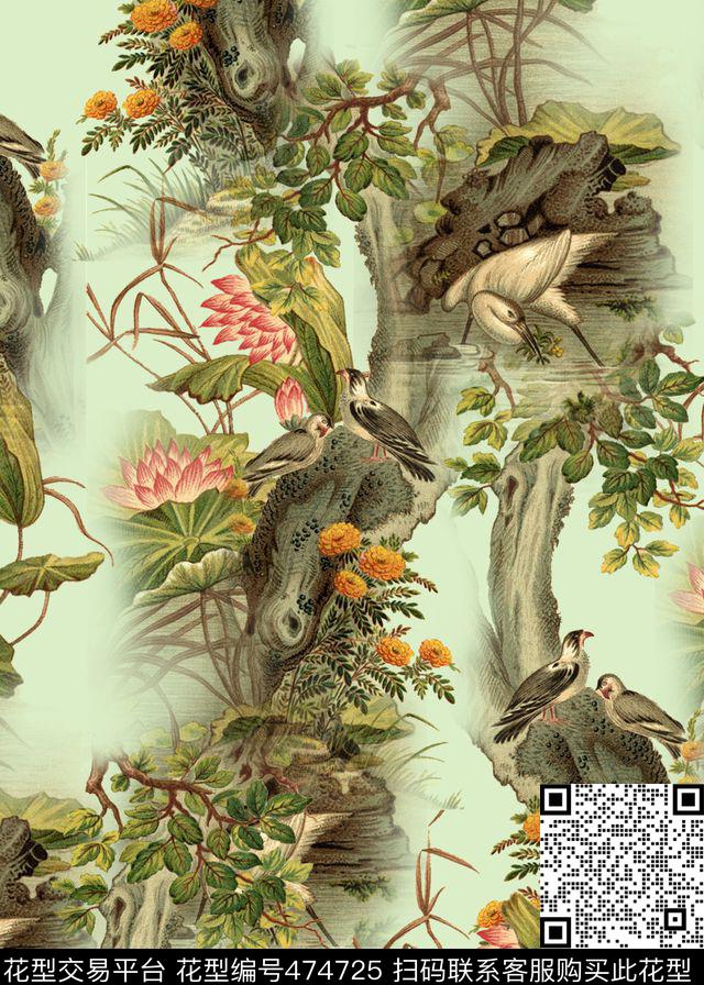 中国风花鸟树桩数码印花华亿平台下载（图片编号: 474725） - 瓦栏（Walan）