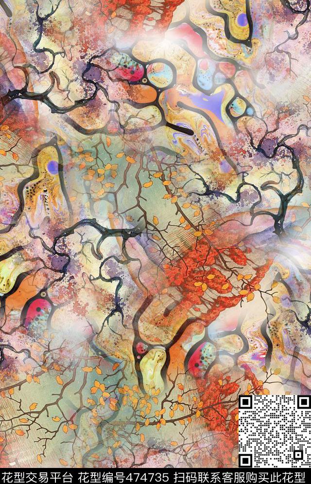 抽象树根色块数码印花华亿平台下载（图片编号: 474735） - 瓦栏（Walan）