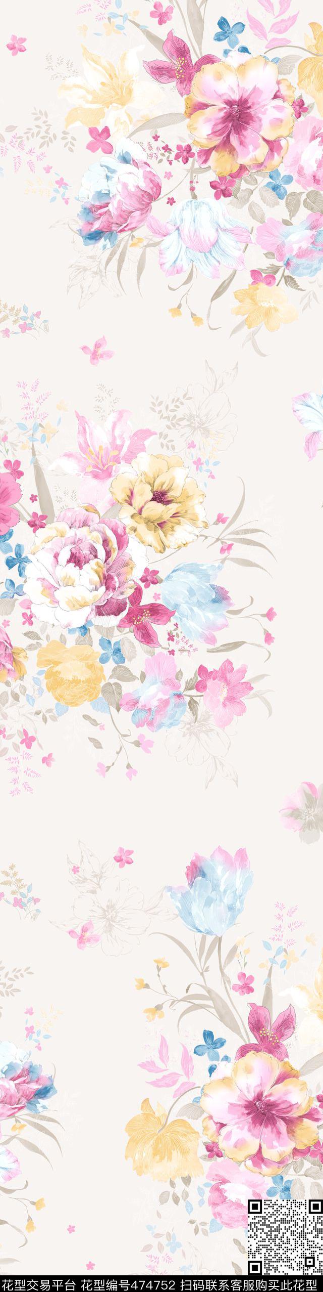 时尚花卉手绘数码印花华亿平台下载（图片编号: 474752） - 瓦栏（Walan）