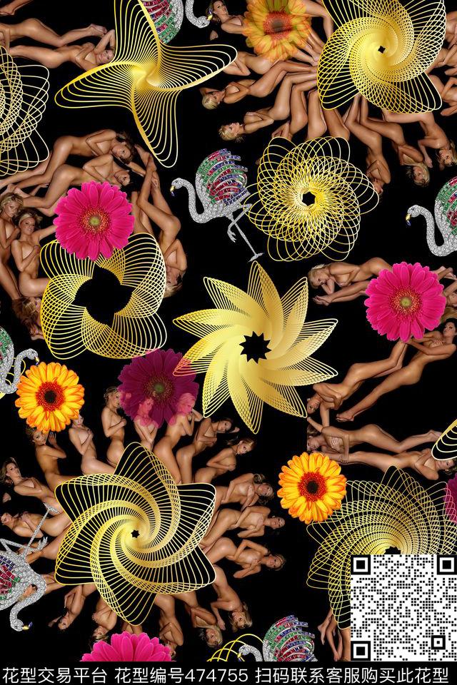 人体艺术红花雏菊数码印花华亿平台下载（图片编号: 474755） - 瓦栏（Walan）