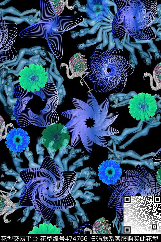 创意人体艺术红花数码印花华亿平台下载（图片编号: 474756） - 瓦栏（Walan）