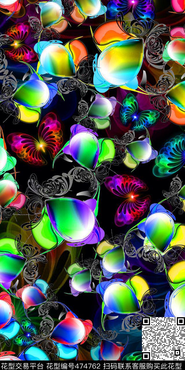 抽象几何抽象蝴蝶欧式卷边纹数码印花华亿平台下载（图片编号: 474762） - 瓦栏（Walan）