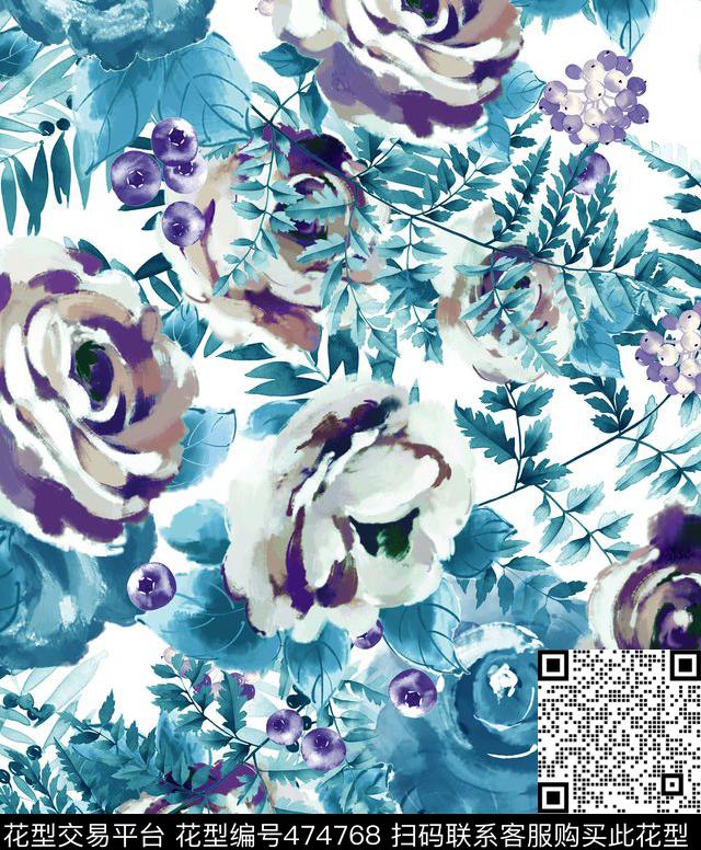 时尚手绘花卉数码印花华亿平台下载（图片编号: 474768） - 瓦栏（Walan）