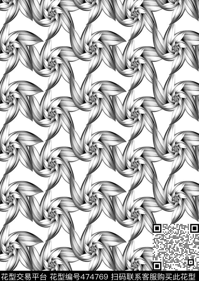 黑灰抽象大风车几何图案女装传统印花华亿平台下载（图片编号: 474769） - 瓦栏（Walan）