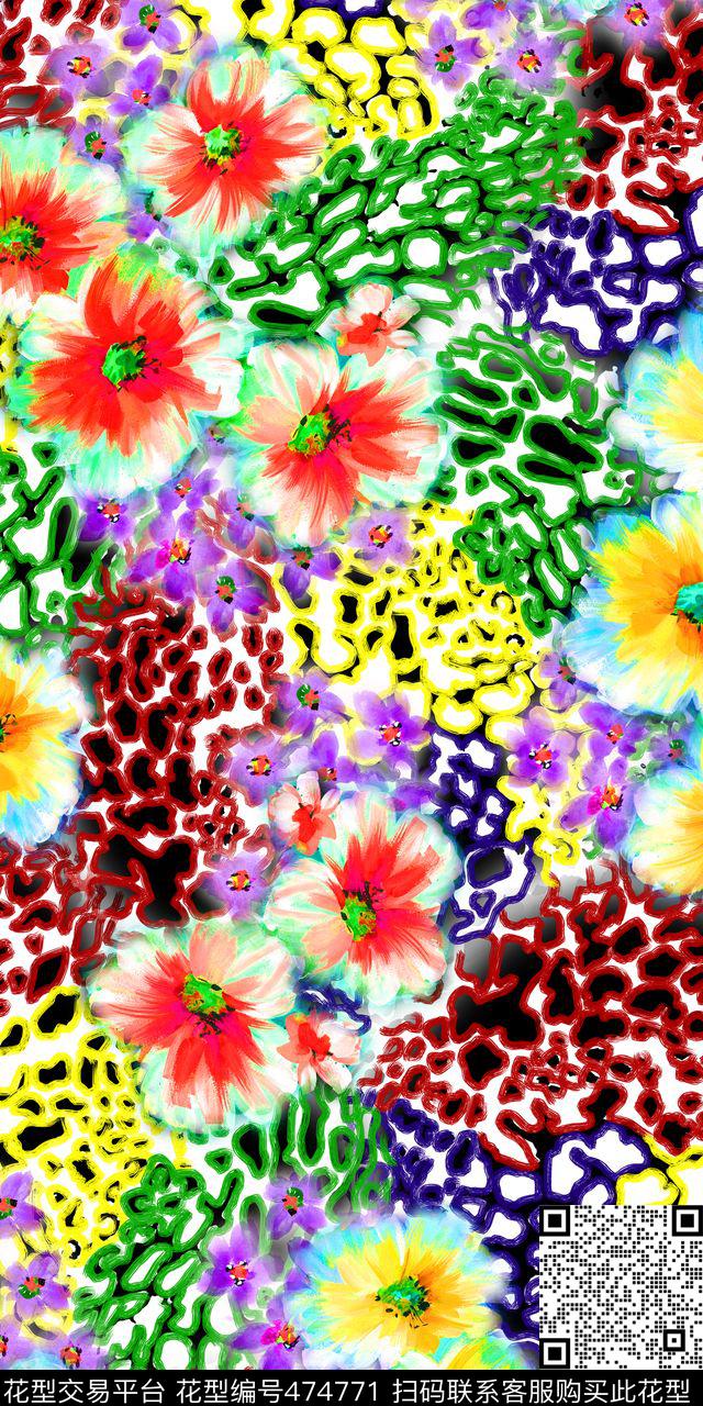 抽象多彩豹纹手绘水彩花卉女装数码印花华亿平台下载（图片编号: 474771） - 瓦栏（Walan）