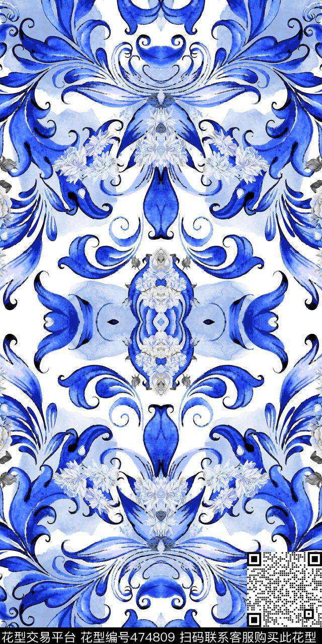 花卉旗袍青花瓷数码印花华亿平台下载（图片编号: 474809） - 瓦栏（Walan）
