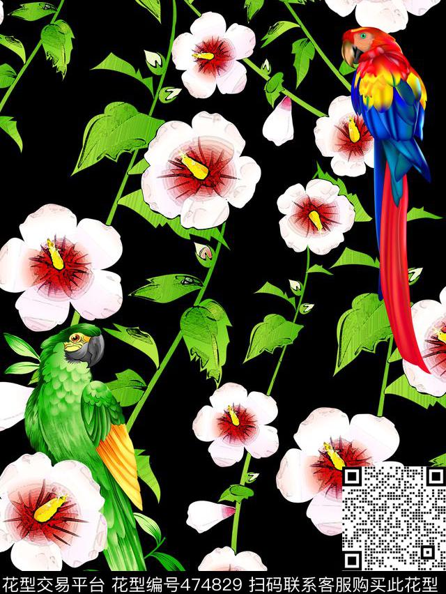 花腾热带风情鹦鹉数码印花华亿平台下载（图片编号: 474829） - 瓦栏（Walan）