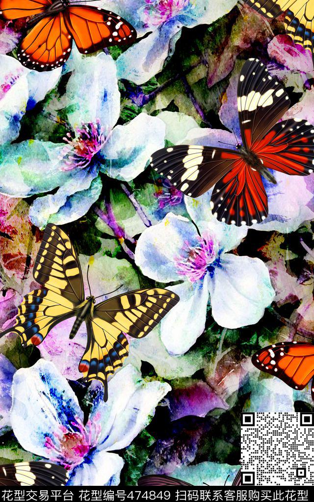 蝴蝶水墨油画数码印花华亿平台下载（图片编号: 474849） - 瓦栏（Walan）