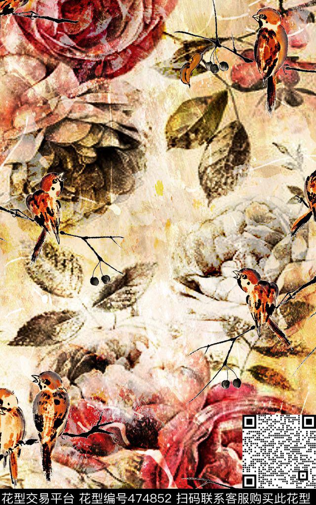 复古小鸟油画数码印花华亿平台下载（图片编号: 474852） - 瓦栏（Walan）