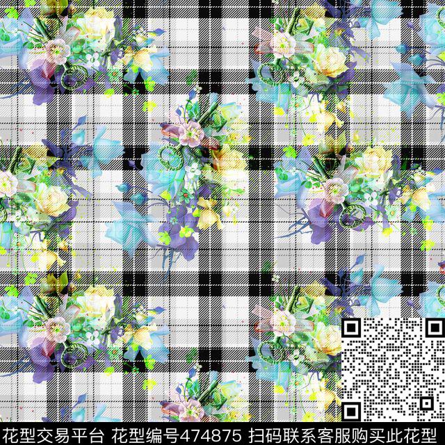 时尚巴宝莉格子手绘花卉数码印花华亿平台下载（图片编号: 474875） - 瓦栏（Walan）