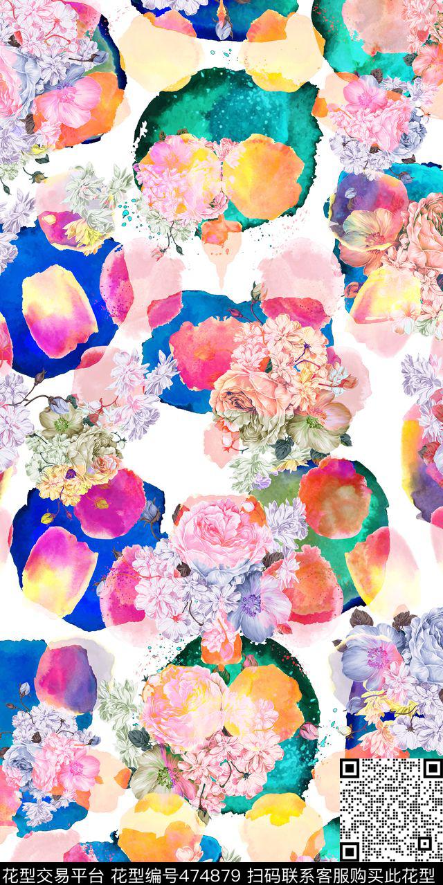 花瓣雨墨点清新数码印花华亿平台下载（图片编号: 474879） - 瓦栏（Walan）
