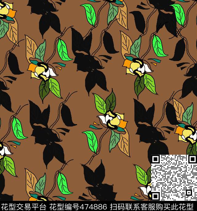 时尚流行大牌黑花卉花卉树叶数码印花华亿平台下载（图片编号: 474886） - 瓦栏（Walan）
