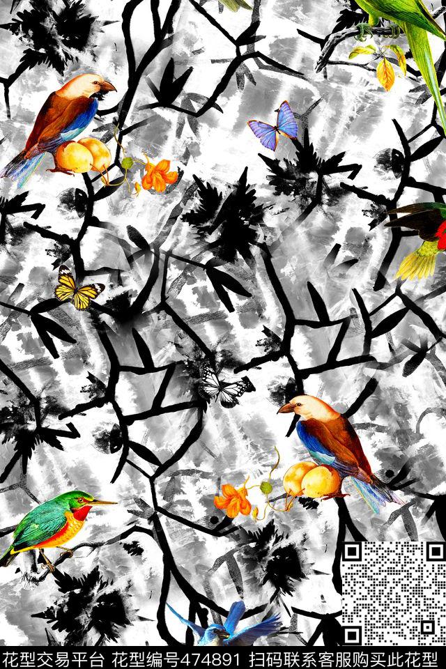 时尚鸟树叶数码印花华亿平台下载（图片编号: 474891） - 瓦栏（Walan）