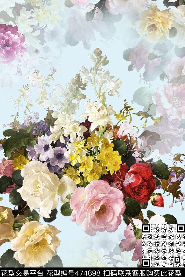 时尚手绘花卉数码印花华亿平台下载（图片编号: 474898） - 瓦栏（Walan）