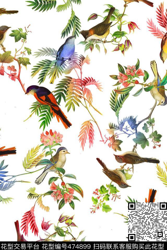 田园枝条鸟儿数码印花华亿平台下载（图片编号: 474899） - 瓦栏（Walan）