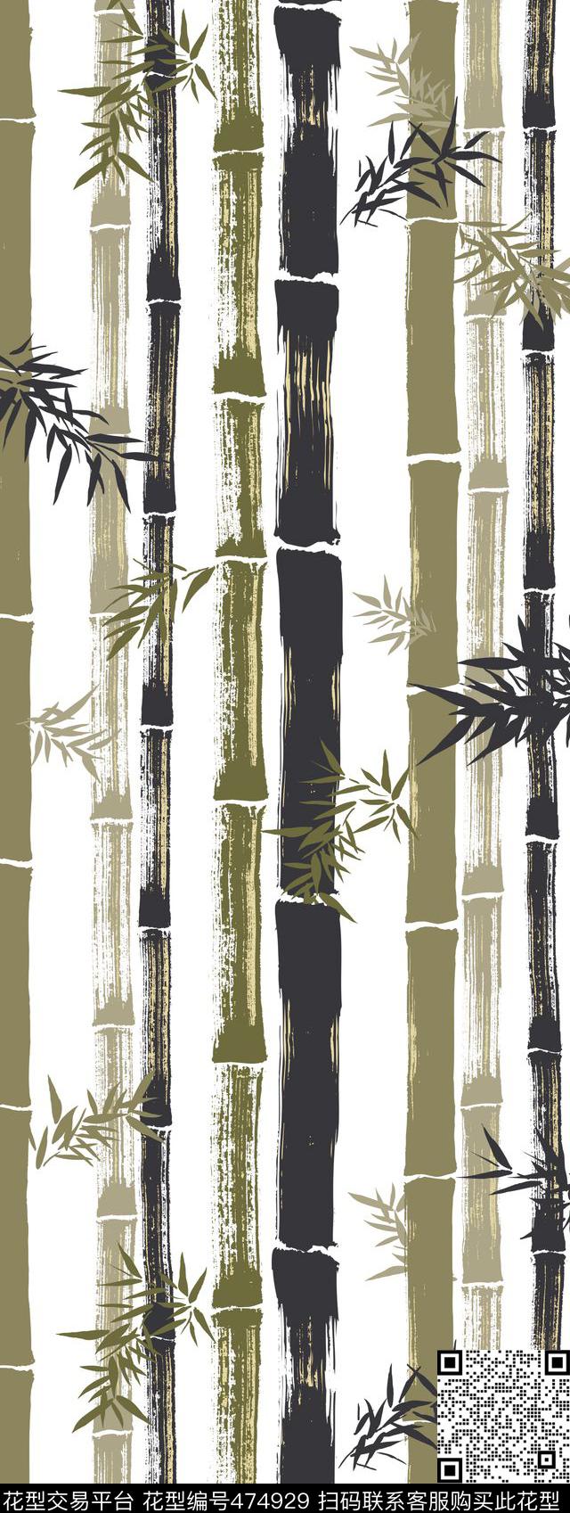 传统印花竹子水墨花卉传统印花华亿平台下载（图片编号: 474929） - 瓦栏（Walan）