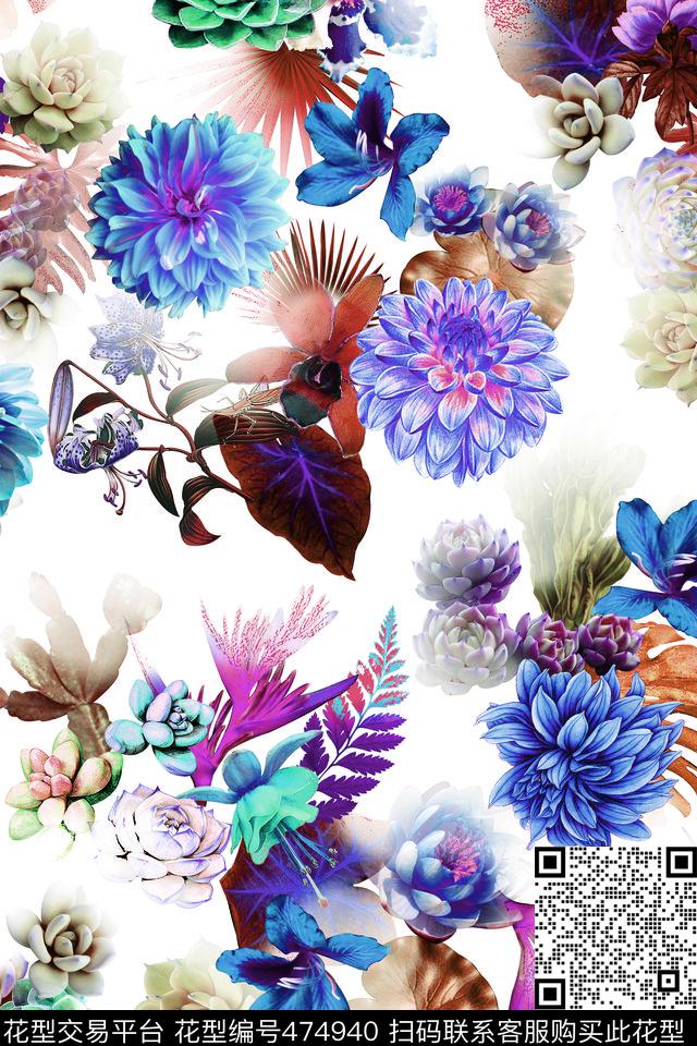 清新花卉叶数码印花华亿平台下载（图片编号: 474940） - 瓦栏（Walan）