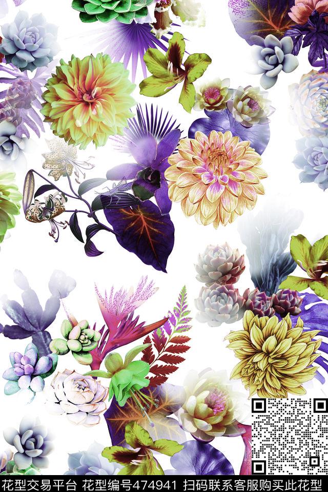 清新花卉叶数码印花华亿平台下载（图片编号: 474941） - 瓦栏（Walan）