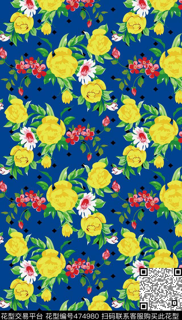 花卉手绘花卉方格条纹4角格数码印花华亿平台下载（图片编号: 474980） - 瓦栏（Walan）