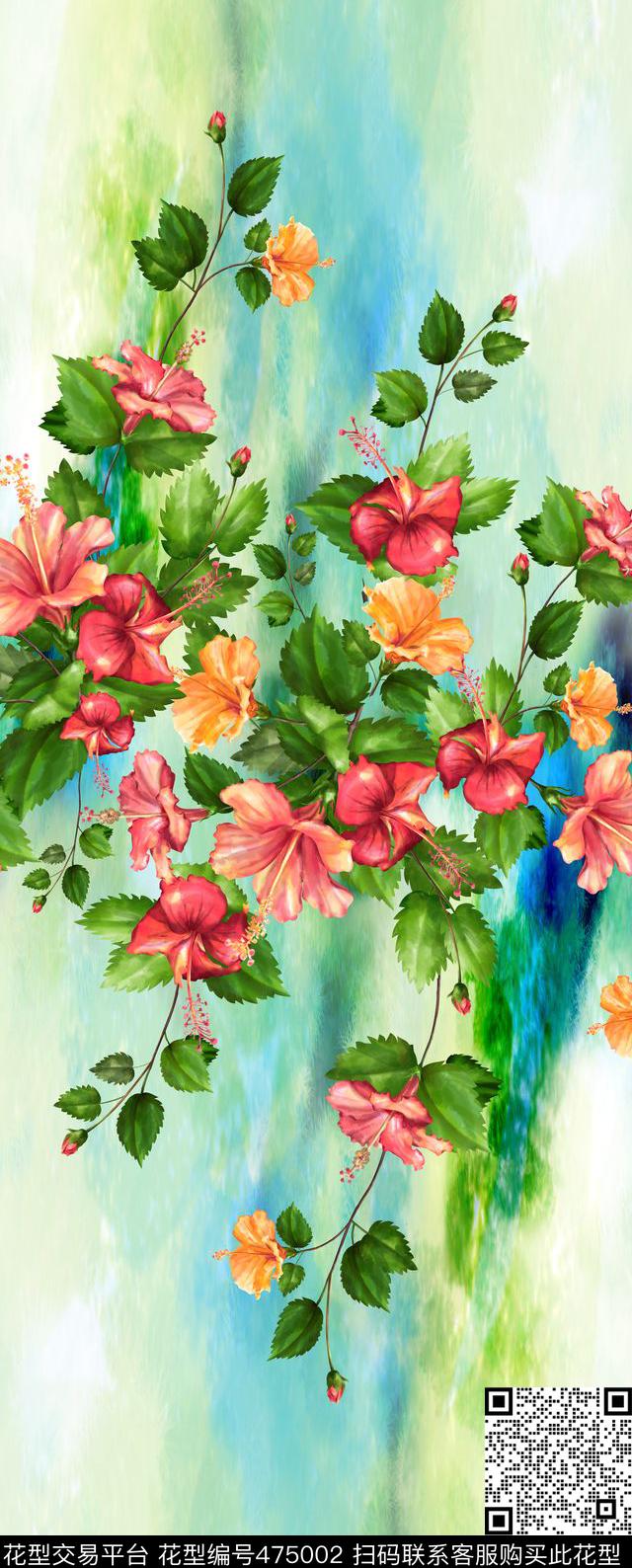 简约时尚手绘花朵女装数码印花华亿平台下载（图片编号: 475002） - 瓦栏（Walan）