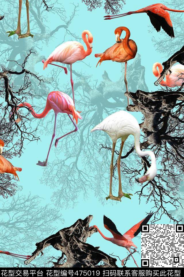火烈鸟树枝树影数码印花华亿平台下载（图片编号: 475019） - 瓦栏（Walan）