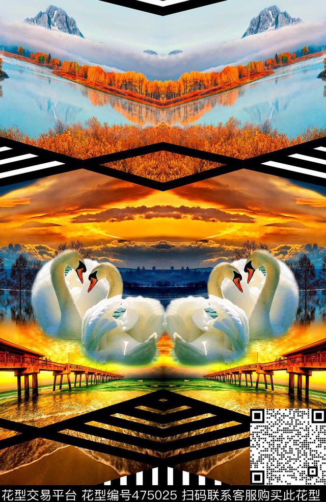 照片景观天鹅黑白条纹数码印花华亿平台下载（图片编号: 475025） - 瓦栏（Walan）