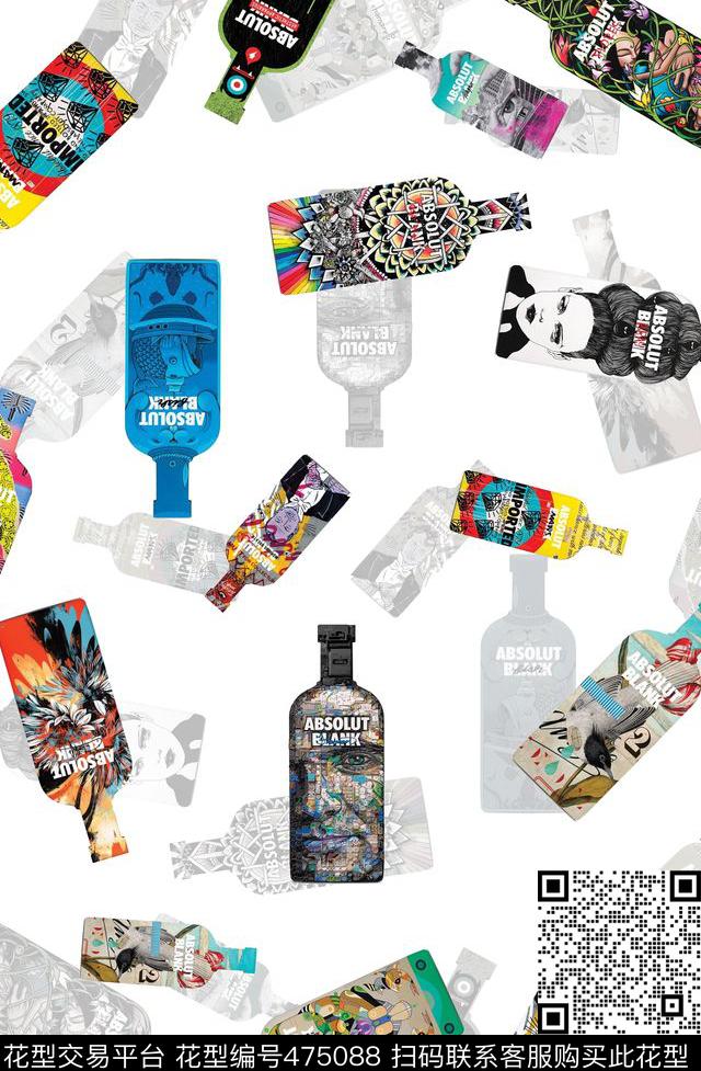 复古插画酒瓶数码印花华亿平台下载（图片编号: 475088） - 瓦栏（Walan）