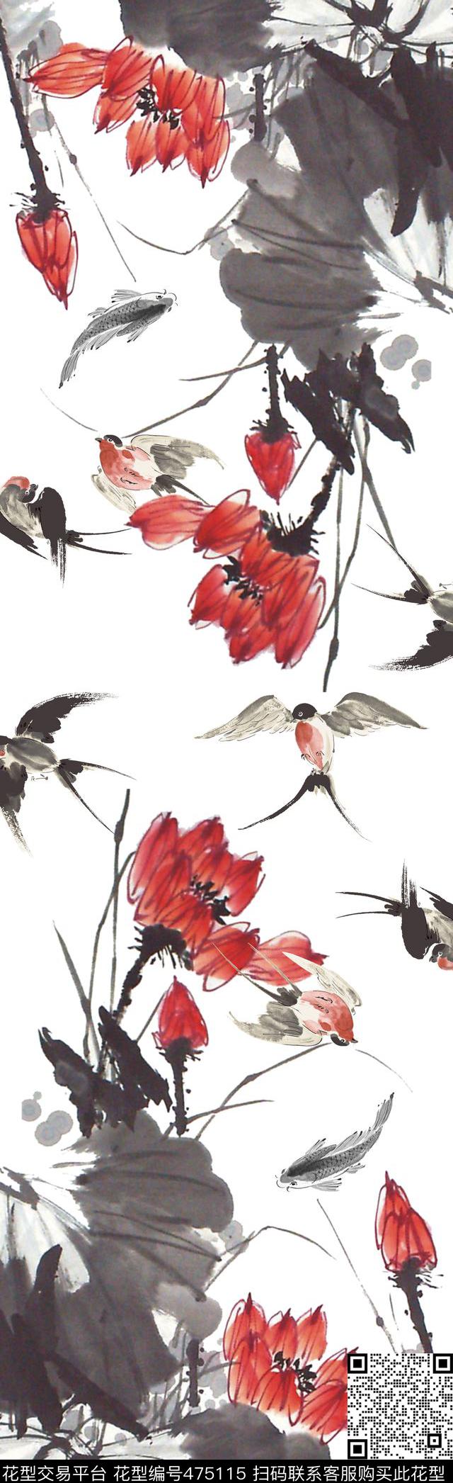 水墨荷花水墨鱼中国风数码印花华亿平台下载（图片编号: 475115） - 瓦栏（Walan）