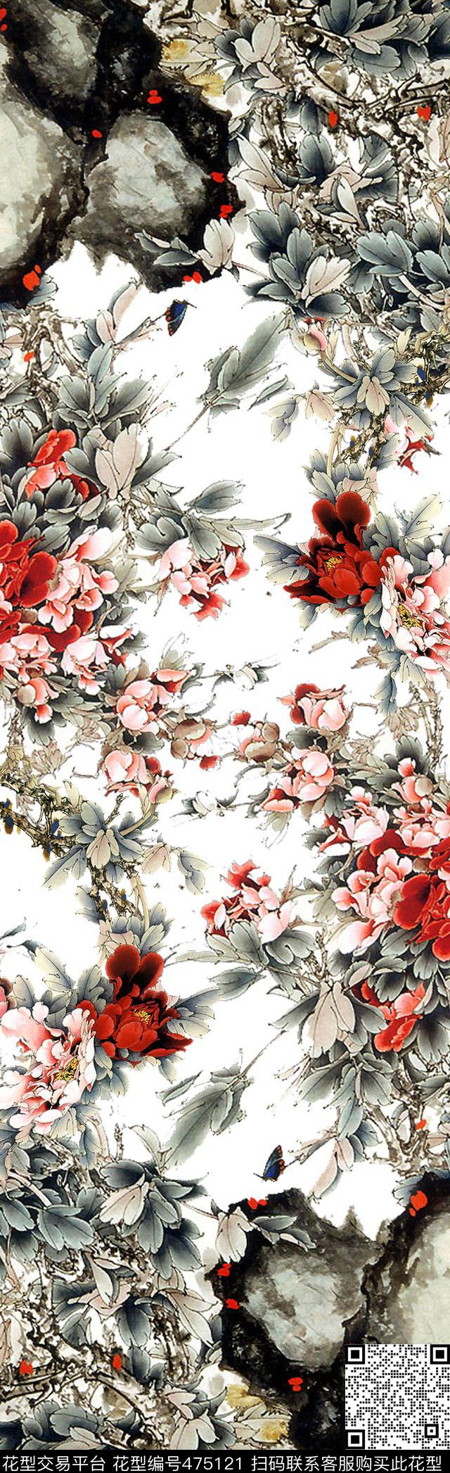 牡丹水墨中国风数码印花华亿平台下载（图片编号: 475121） - 瓦栏（Walan）