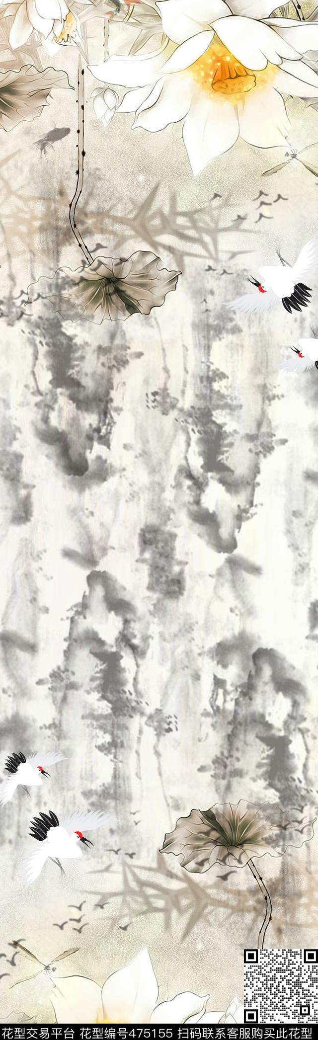 荷花水墨山水中国风数码印花华亿平台下载（图片编号: 475155） - 瓦栏（Walan）
