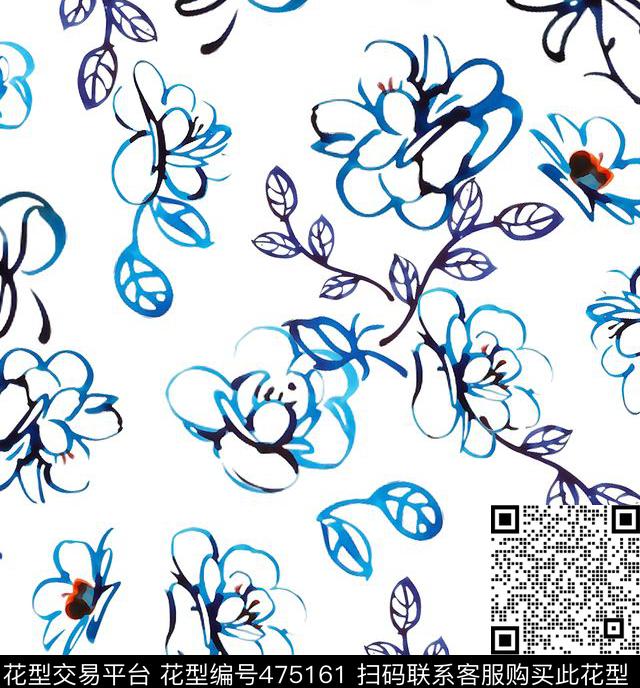 花卉绘画青花数码印花华亿平台下载（图片编号: 475161） - 瓦栏（Walan）