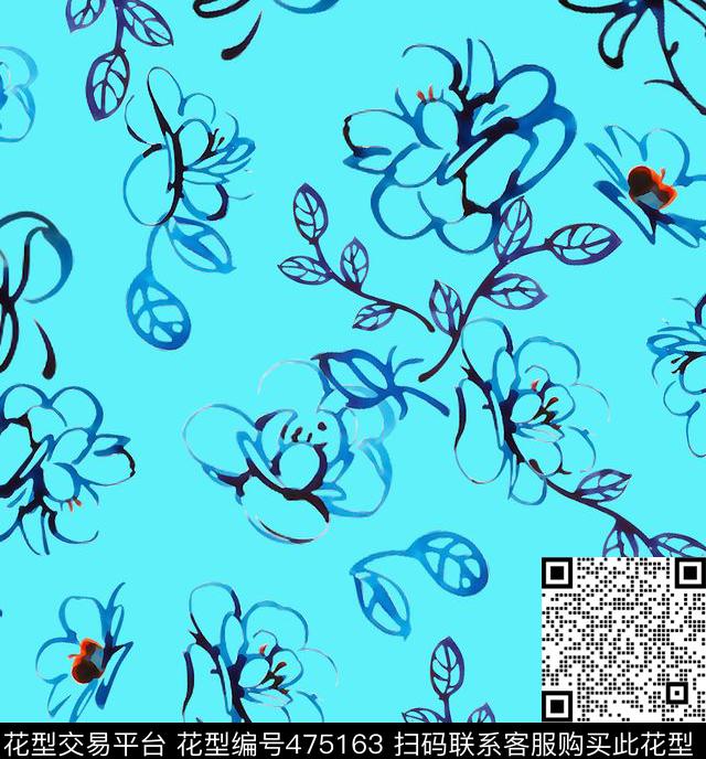 花卉绘画青花数码印花华亿平台下载（图片编号: 475163） - 瓦栏（Walan）
